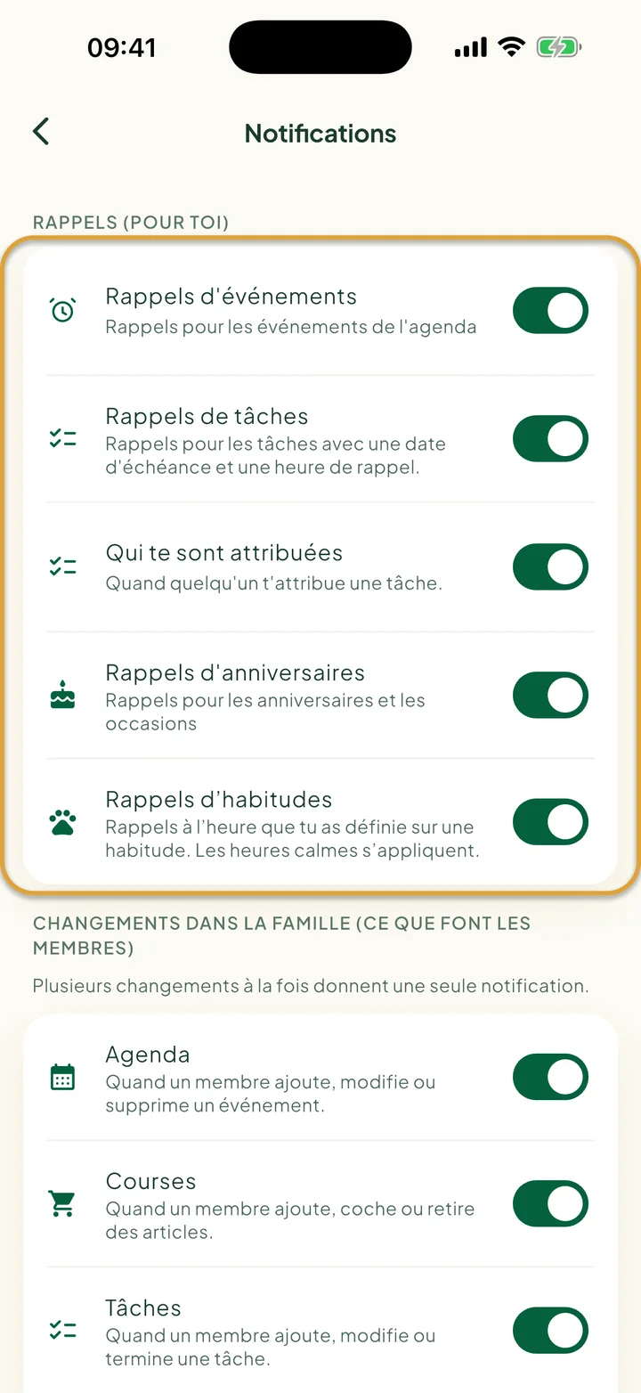 L'écran Notifications. Le groupe Rappels (pour toi) avec ses cinq interrupteurs est entouré.