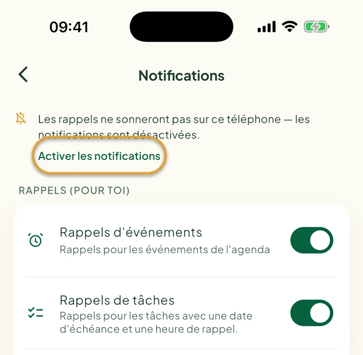 Le haut de l'écran Notifications avec un message indiquant que les notifications sont désactivées. Activer les notifications est entouré.