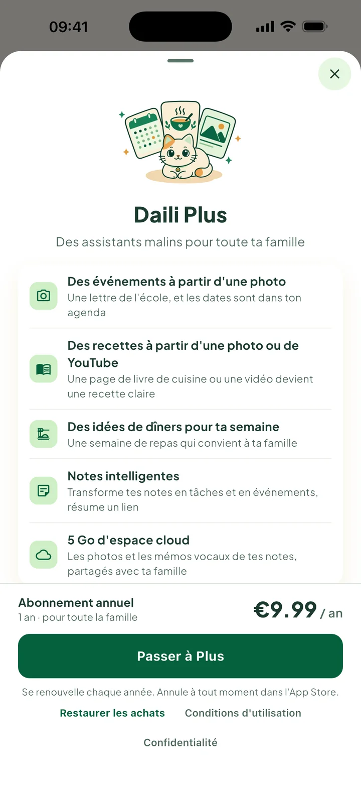 La fiche Daili Plus : ce que tu obtiens, le prix annuel et le bouton Passer à Plus.