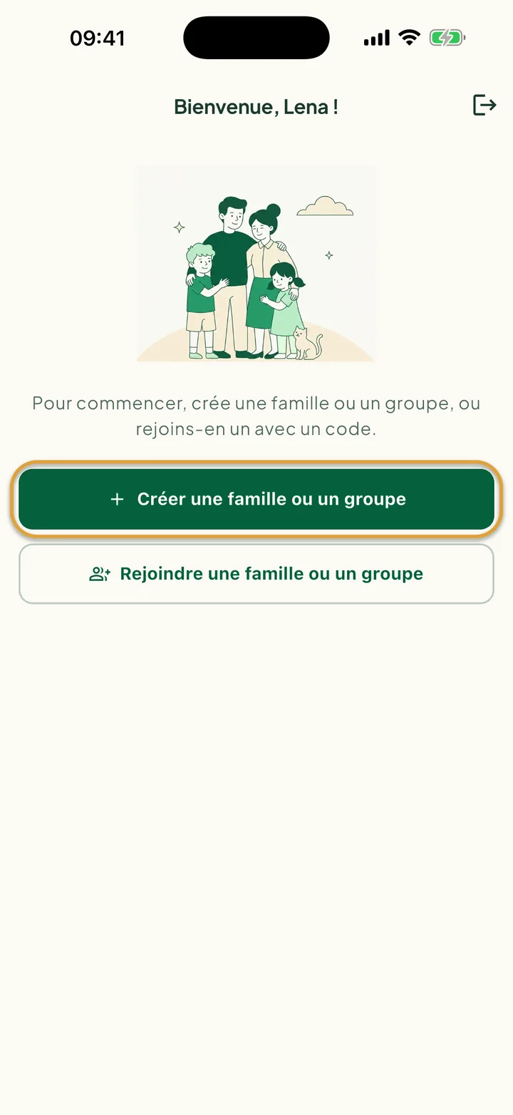 L'écran de bienvenue des nouveaux utilisateurs. Le bouton Créer une famille ou un groupe est entouré.