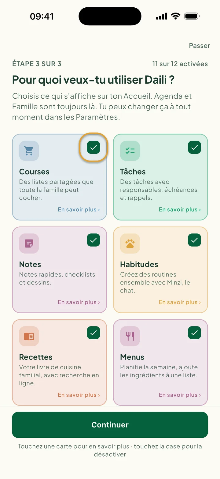 Les cartes des fonctions. La case de la carte Courses est entourée.