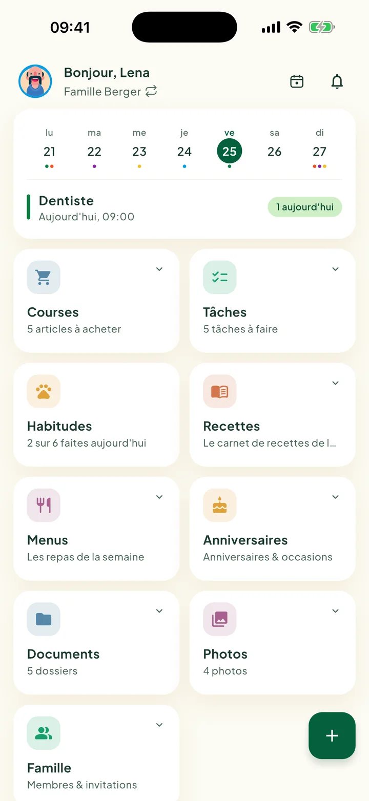 L'écran d'accueil avec la carte de la semaine et les tuiles