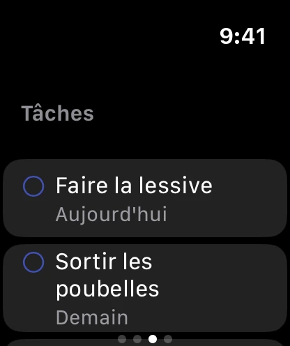 La page Tâches sur la montre avec deux tâches ouvertes, pour aujourd'hui et demain.