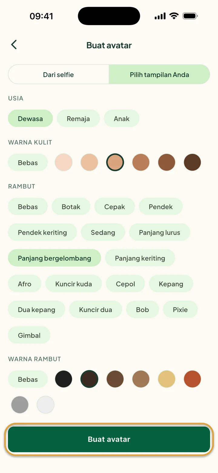 Pilih tampilan Anda dengan Dewasa, satu warna kulit, rambut Panjang bergelombang dan Cokelat tua terpilih. Buat avatar dilingkari.