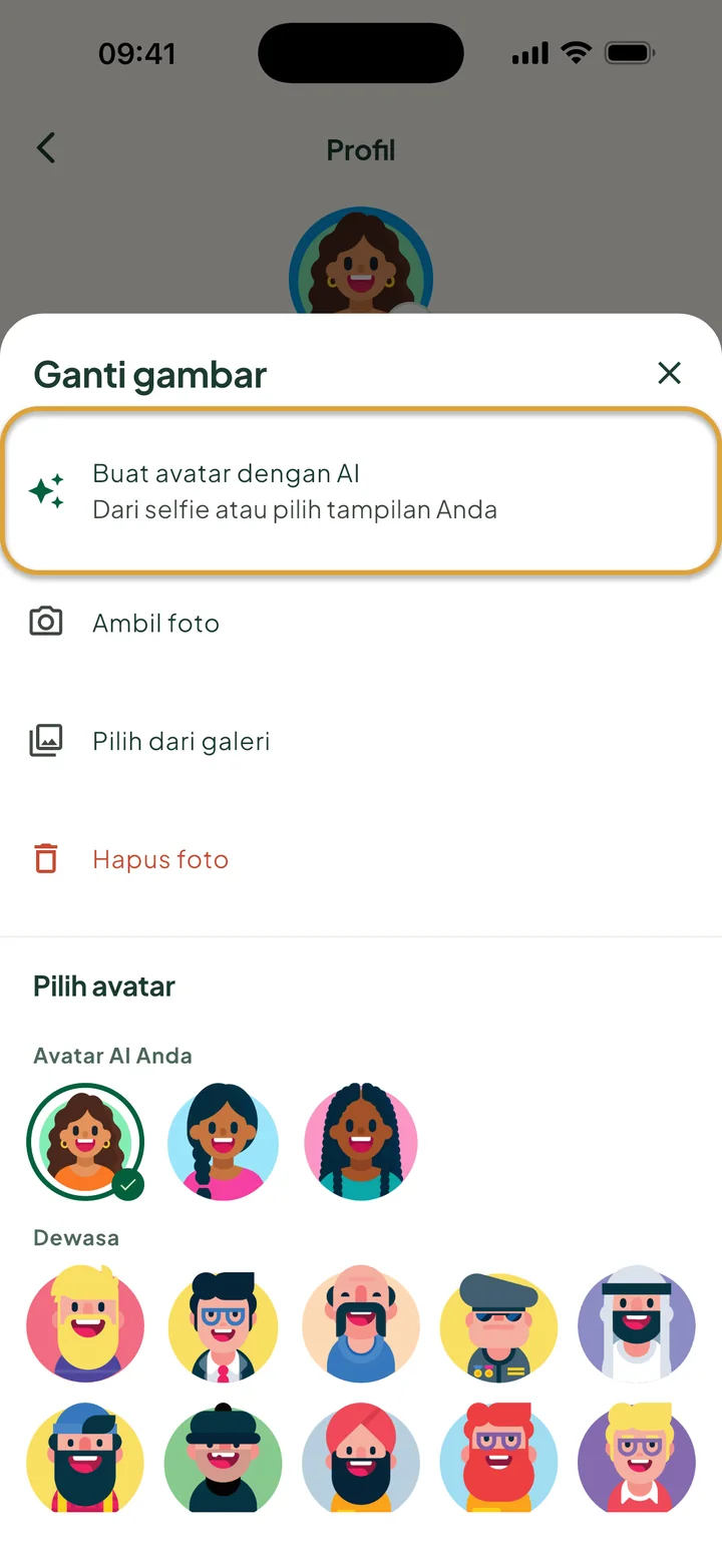 Lembar Ganti gambar. Buat avatar dengan AI dilingkari. Di bawah Pilih avatar, bagian Avatar AI Anda menampilkan tiga versi.