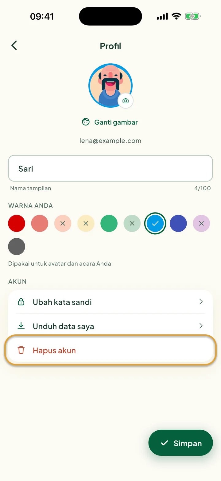 Layar Profil. Hapus akun, baris terakhir di bawah Akun, dilingkari.