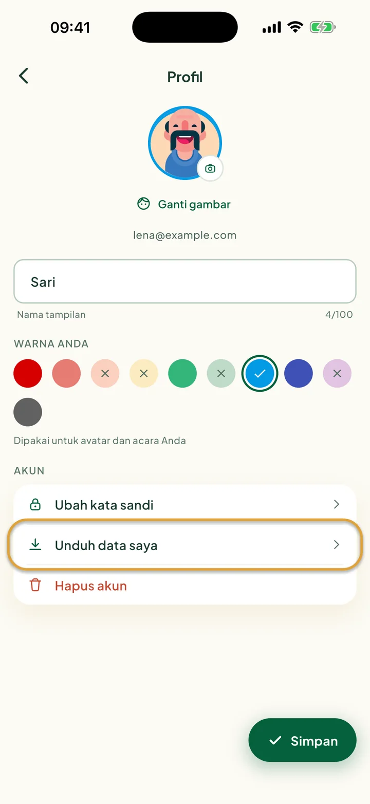 Layar Profil. Unduh data saya, di bawah Akun, dilingkari.