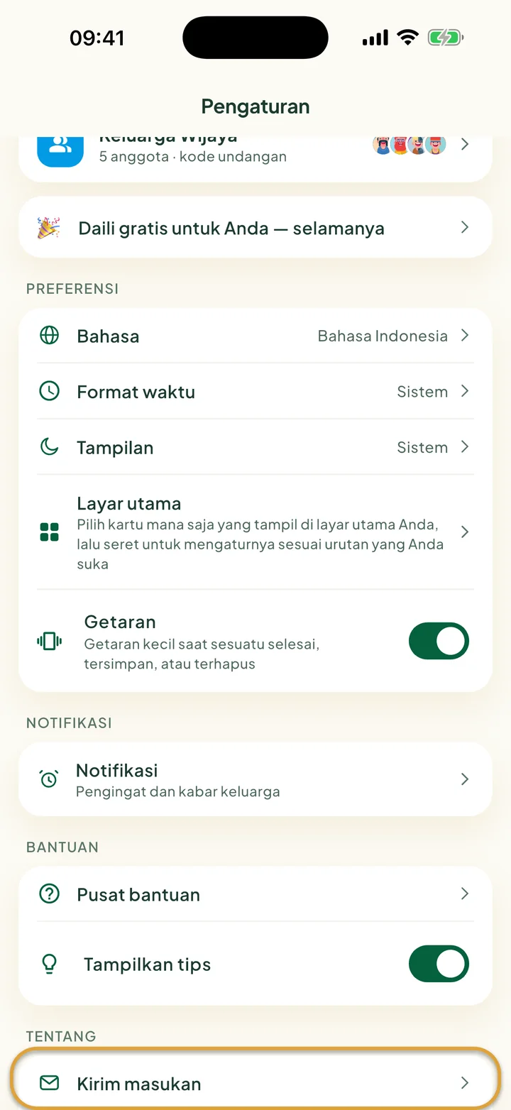 Layar Pengaturan. Kirim masukan, di bawah Tentang, dilingkari.