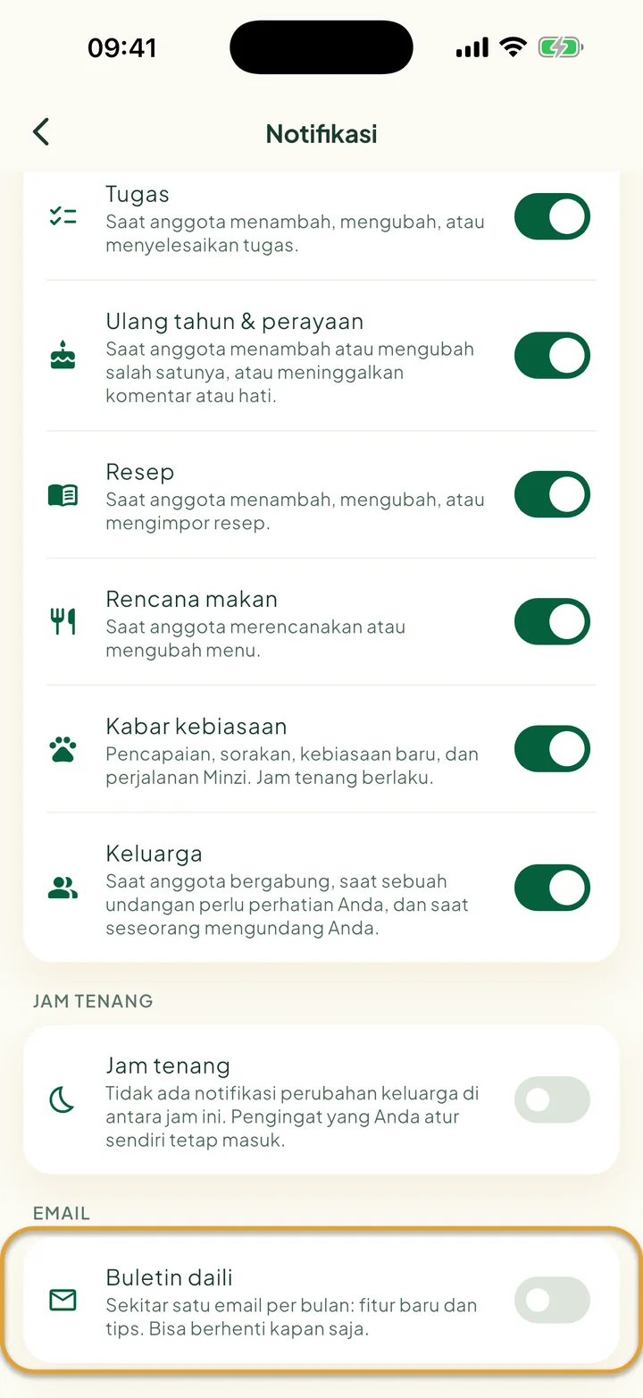 Bagian bawah layar Notifikasi. Tombol Buletin daili, di bawah Email, dilingkari.