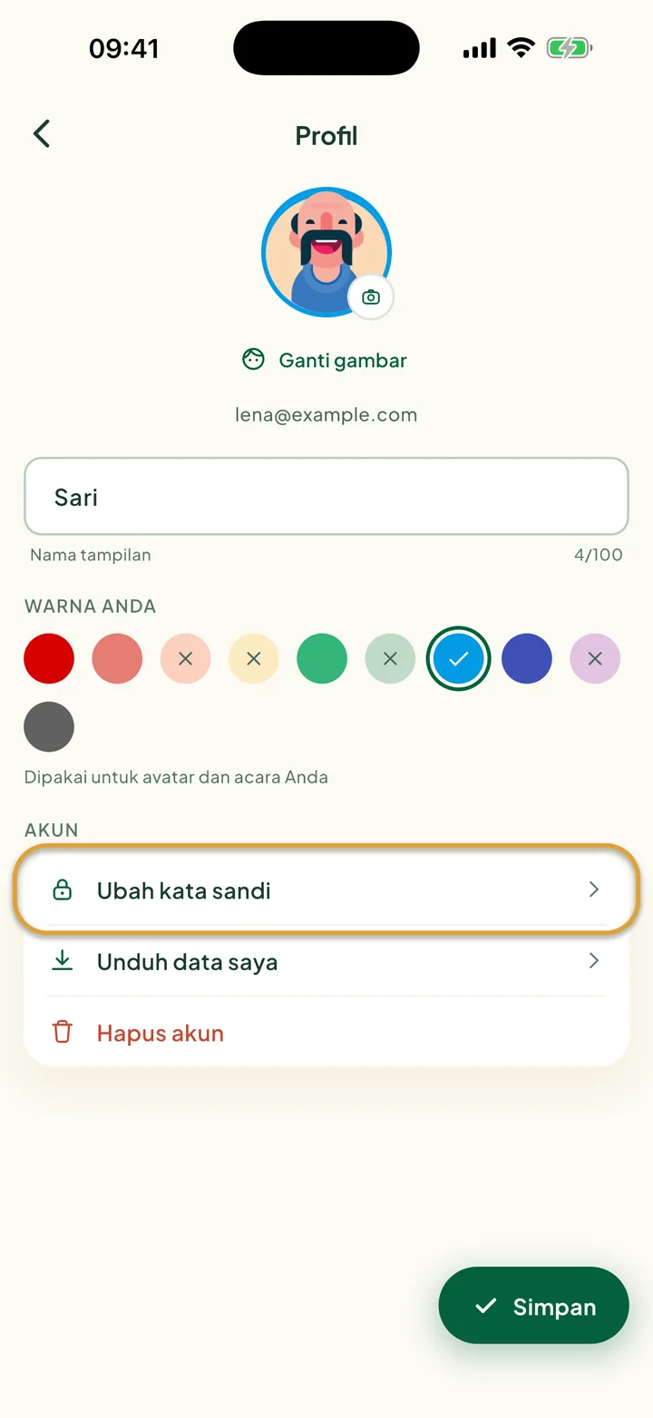Layar Profil. Ubah kata sandi, di bawah Akun, dilingkari.