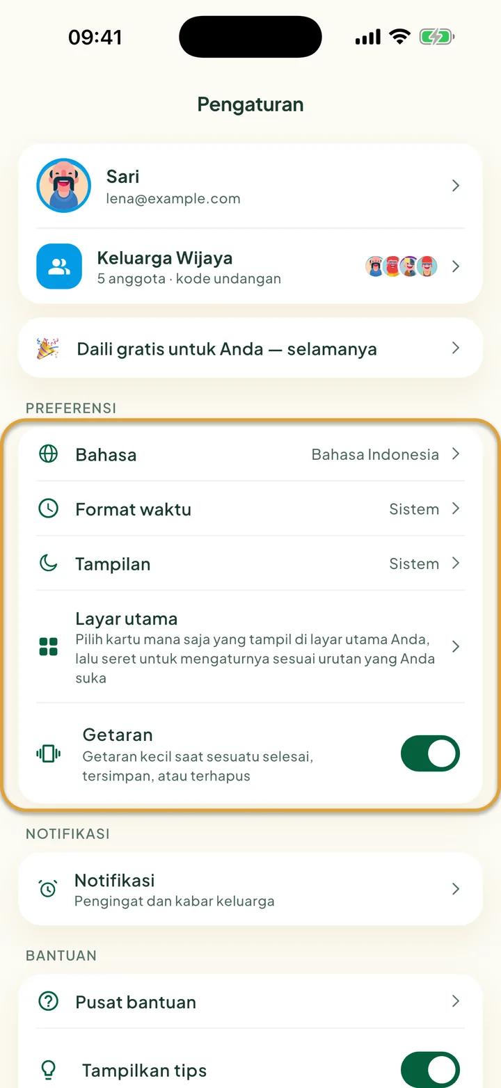 Layar Pengaturan. Kartu Preferensi dengan Bahasa, Format waktu, Tampilan, Layar utama, dan Getaran dilingkari.