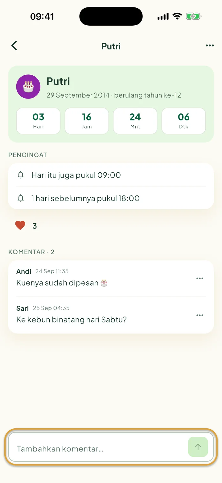Sebuah ulang tahun dengan satu hati dan dua komentar. Kolom Tambahkan komentar… di bawah dilingkari.