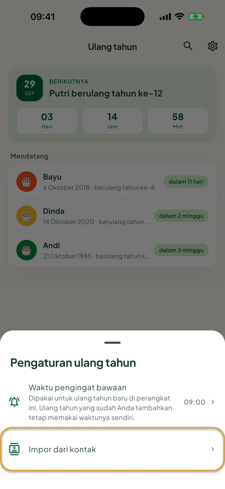 Lembar pengaturan Ulang tahun. Baris Impor dari kontak dilingkari.