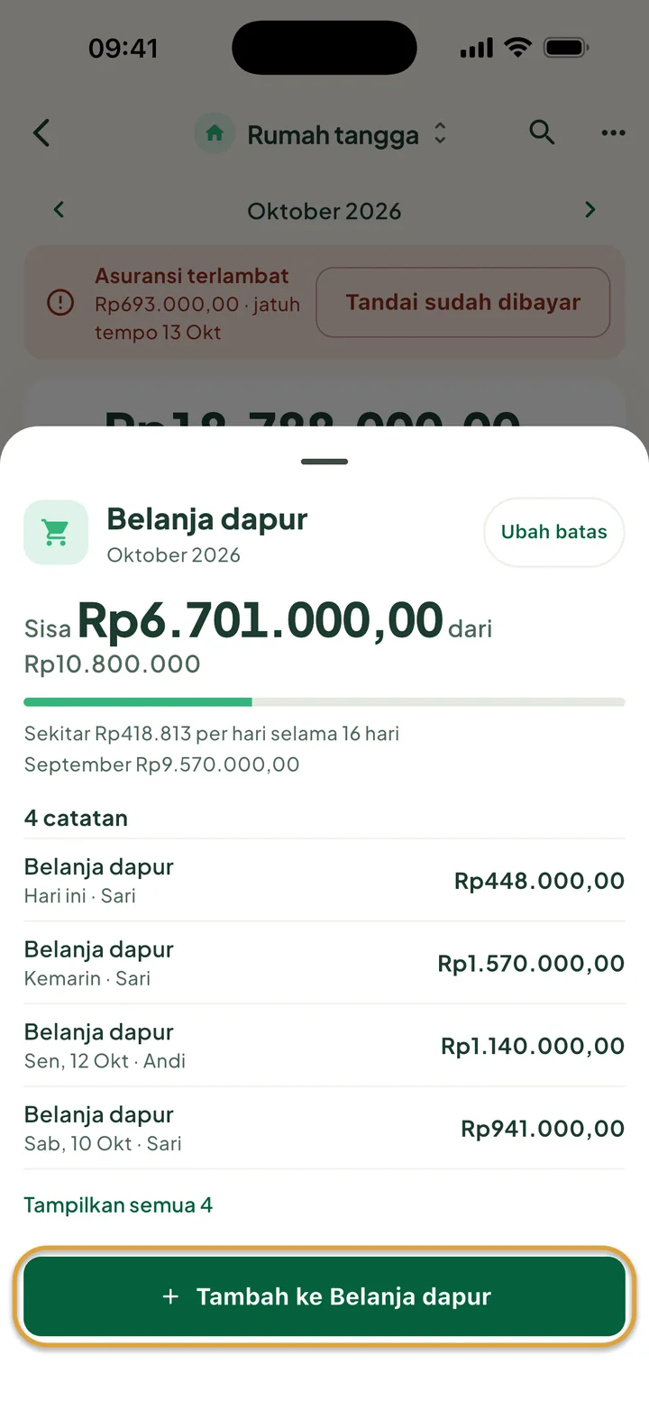 Lembar Belanja dapur: sisa Rp6.701.000,00 dari Rp10.800.000 dan empat catatan. Tombol Tambah ke Belanja dapur dilingkari.