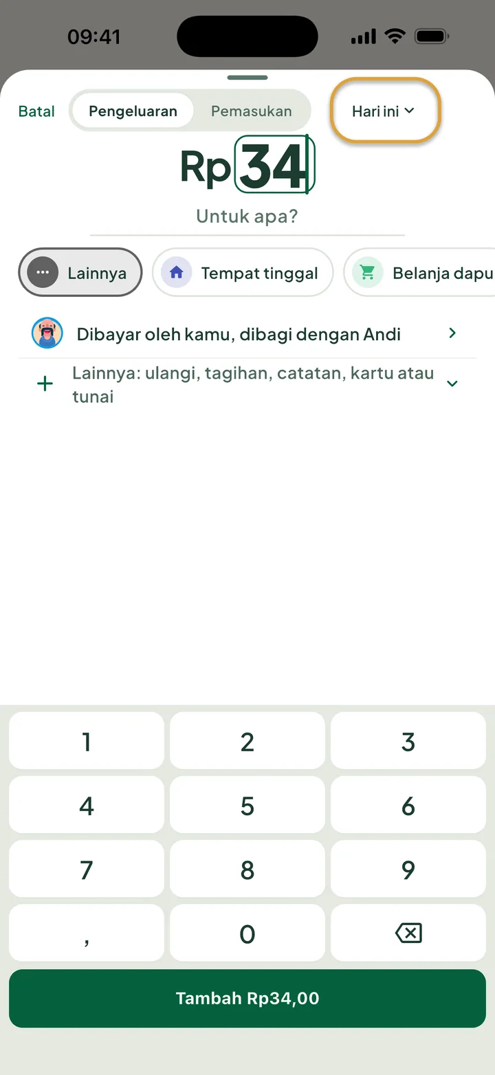 Menambah pengeluaran Rp34 dengan papan angka. Tombol Hari ini di atas dilingkari.