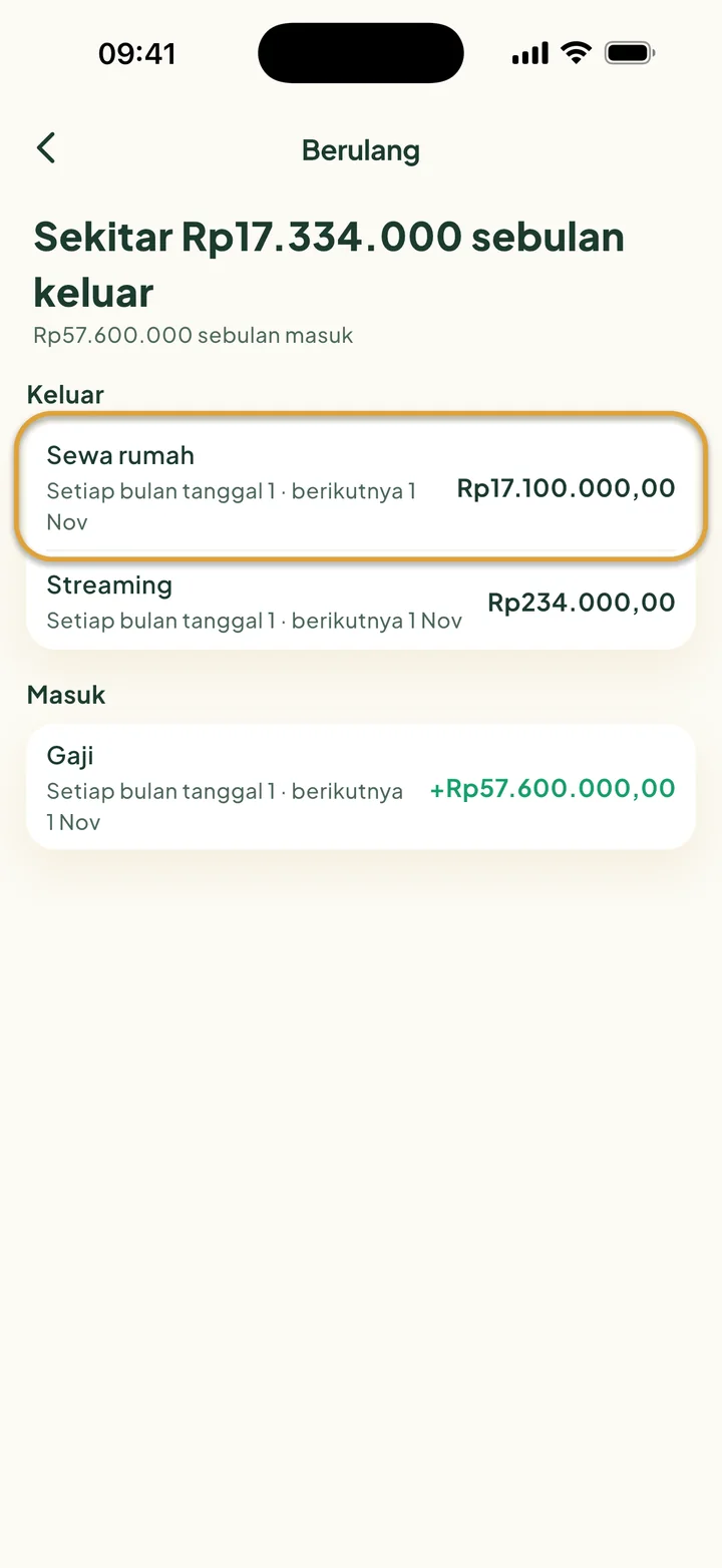 Layar Berulang: sekitar Rp17.334.000 sebulan keluar, Rp57.600.000 masuk. Sewa rumah dilingkari.