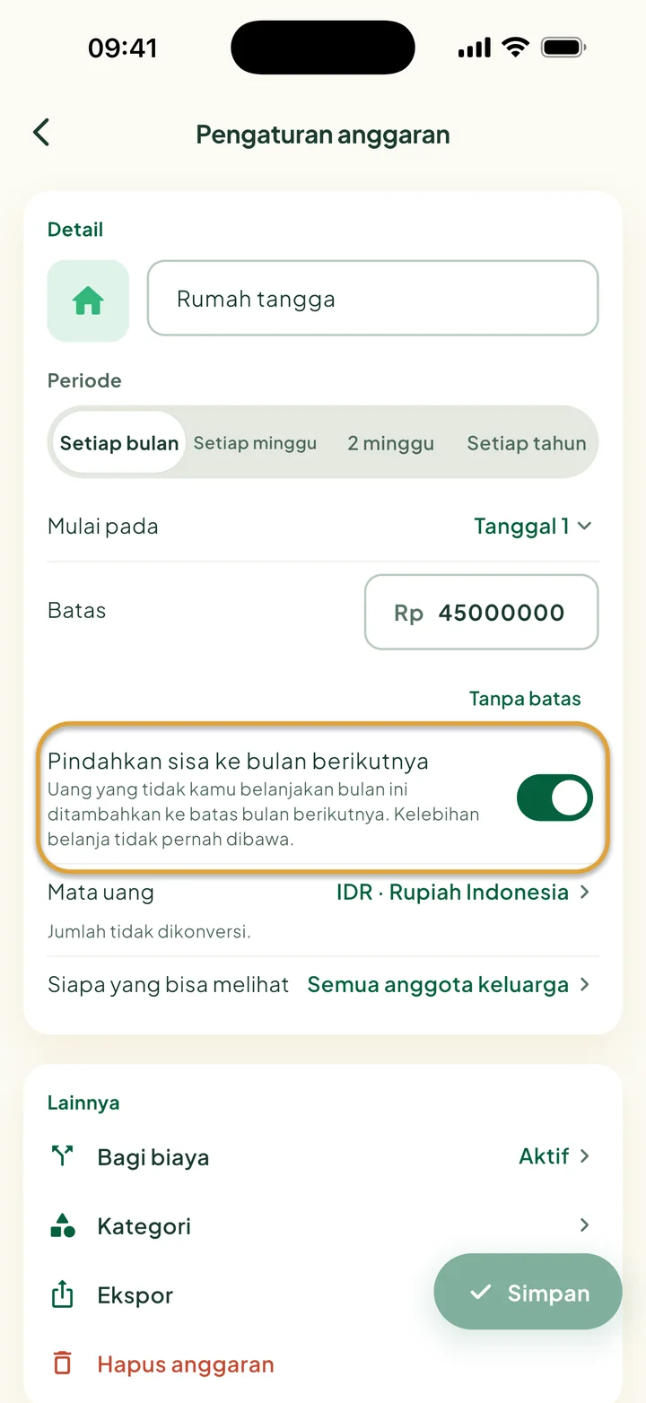 Pengaturan anggaran dengan Pindahkan sisa ke bulan berikutnya dinyalakan. Tombolnya dilingkari.