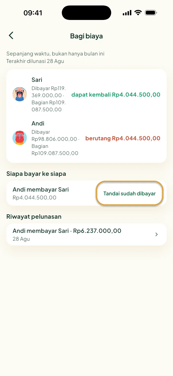 Layar Bagi biaya. Andi membayar Sari Rp4.044.500,00. Tombol Tandai sudah dibayar dilingkari.