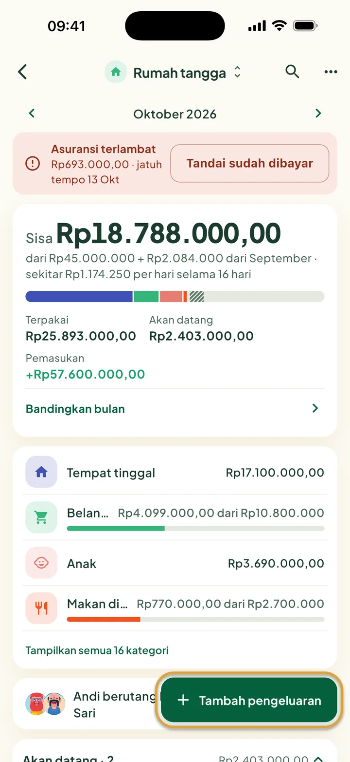 Anggaran Rumah tangga bulan Oktober: tagihan terlambat di atas, sisa uang, garis warna, dan kategori. Tombol Tambah pengeluaran dilingkari.