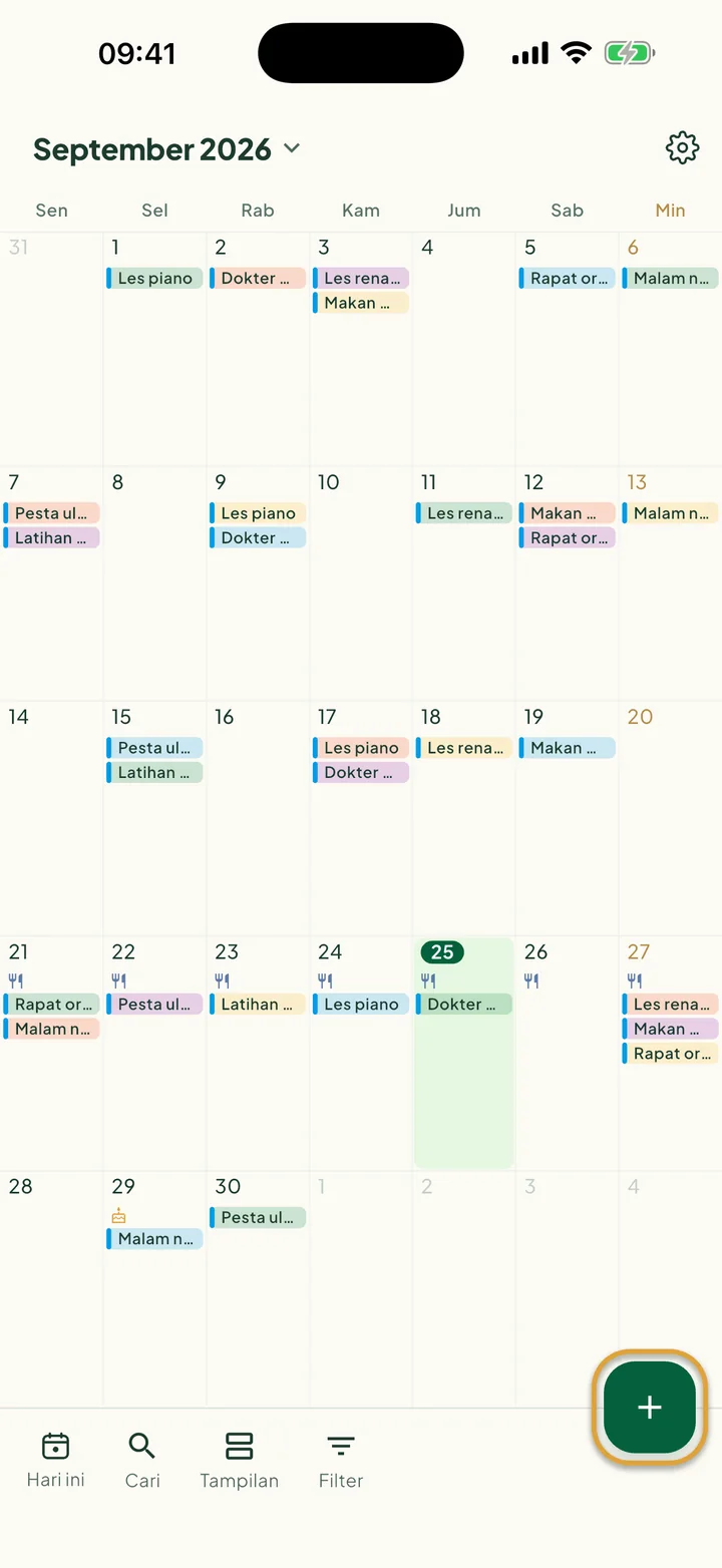 Kalender dalam tampilan Bulan. Tombol + di kanan bawah dilingkari.