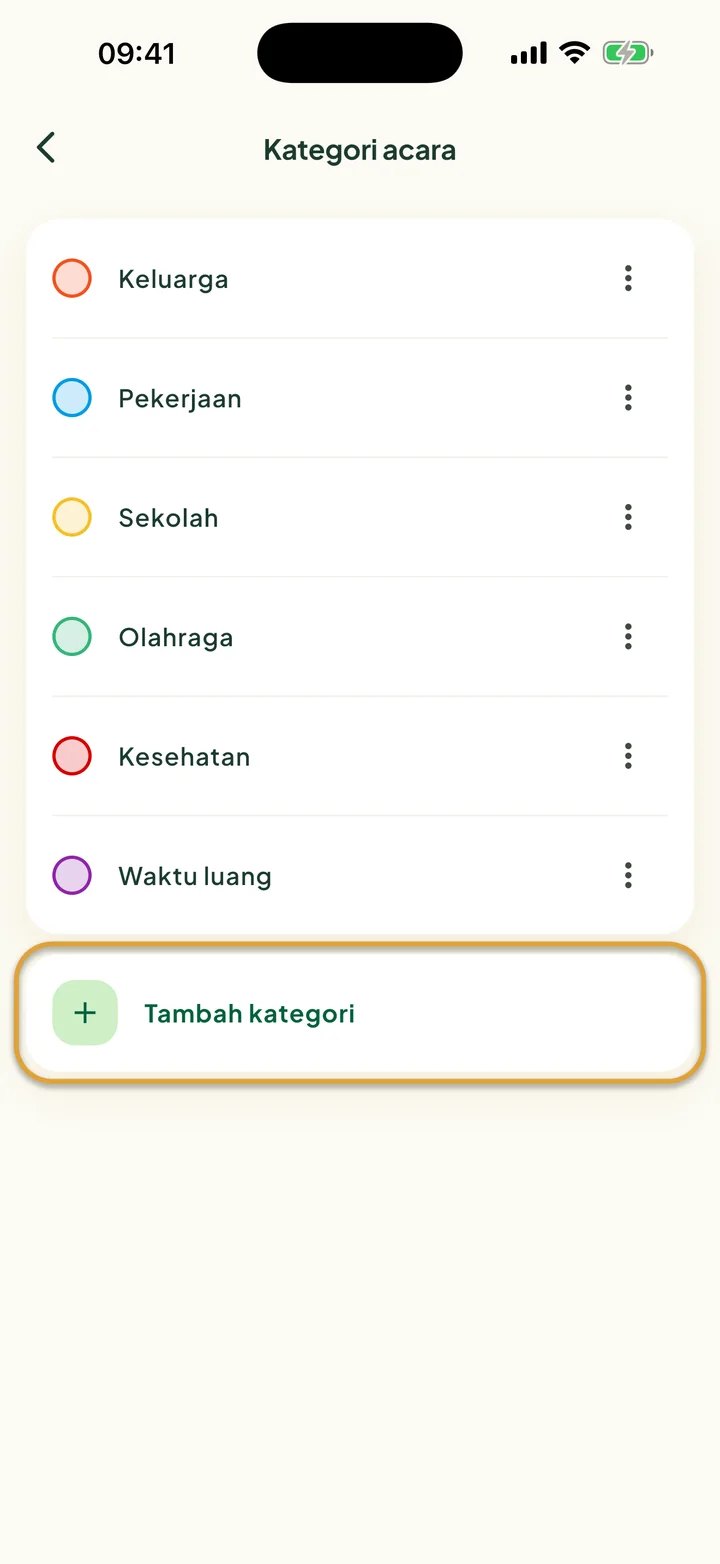 Layar Kategori acara dengan enam kategori. Baris Tambah kategori dilingkari.