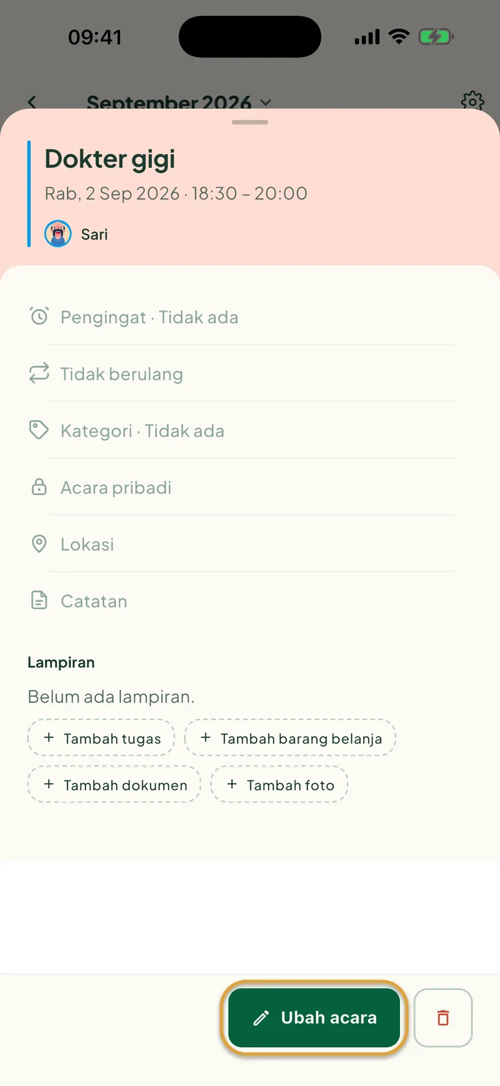 Acara yang dibuka dari kalender. Tombol Ubah acara dilingkari, dengan tombol hapus di sebelahnya.