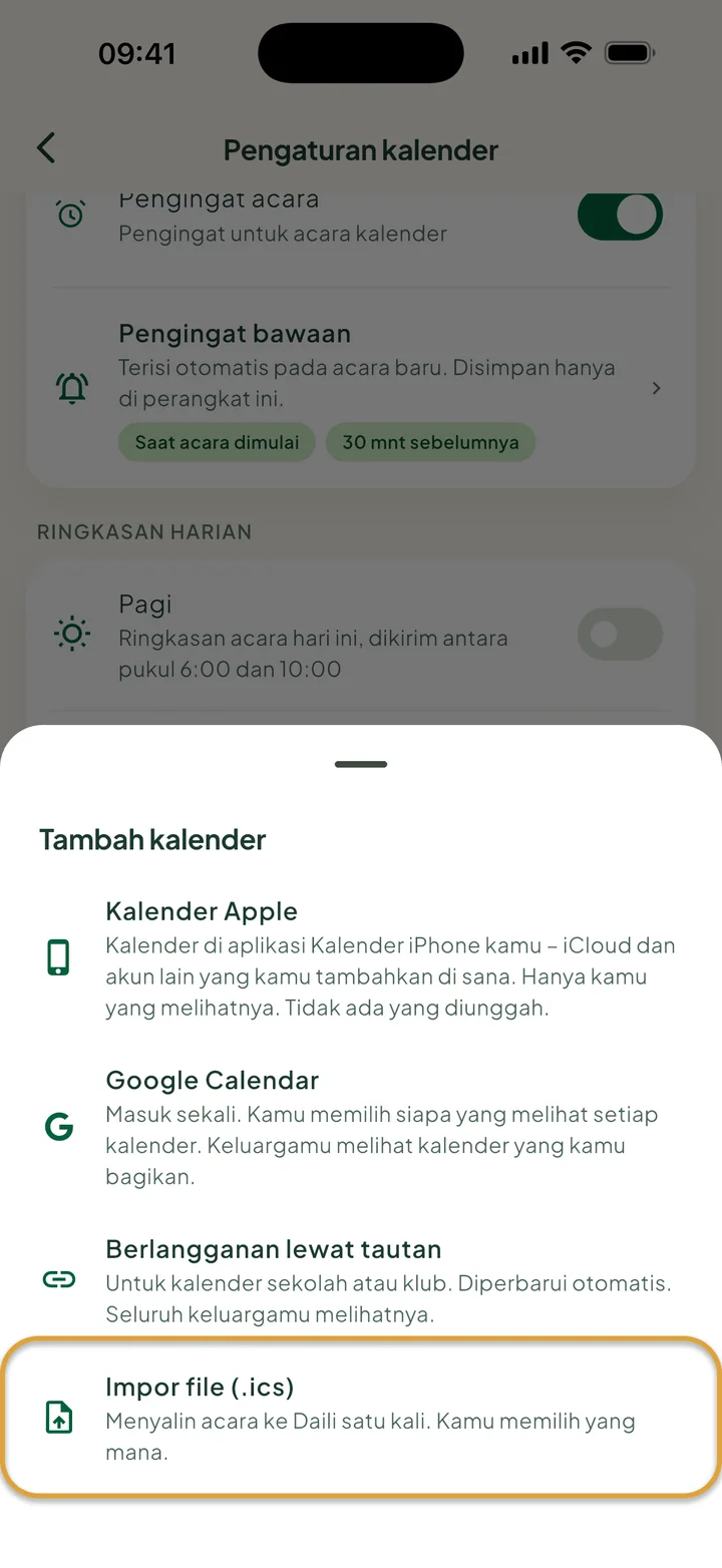 Lembar Tambah kalender di pengaturan kalender. Impor file (.ics) dilingkari.