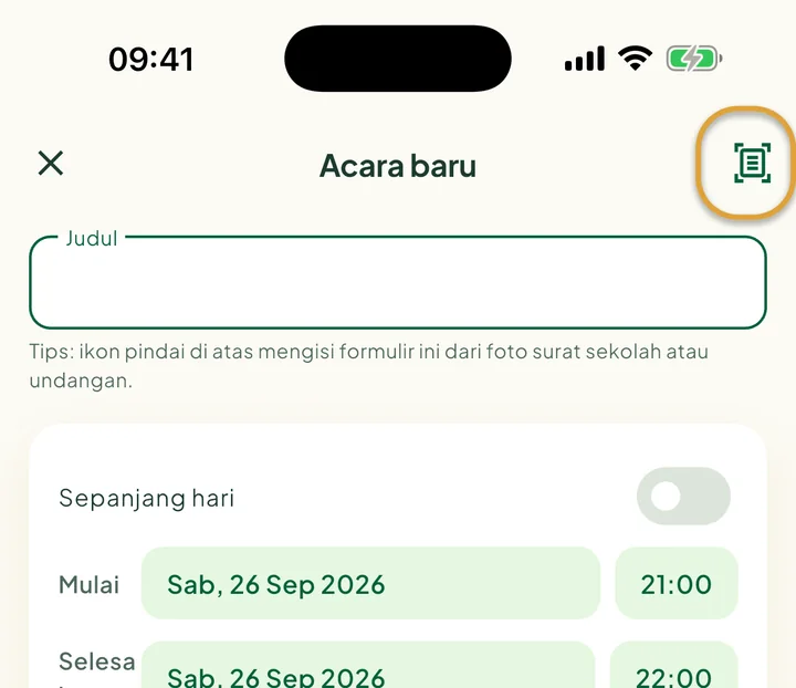 Layar Acara baru. Ikon pindai di kanan atas dilingkari.