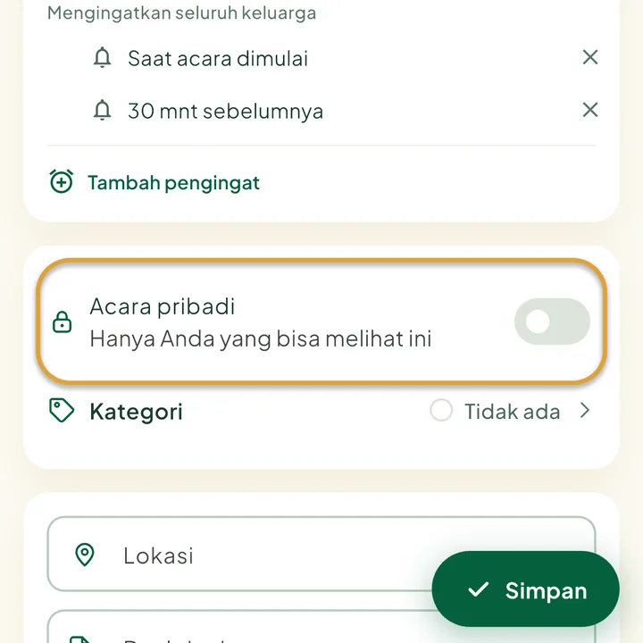 Formulir acara. Tombol Acara pribadi dilingkari.