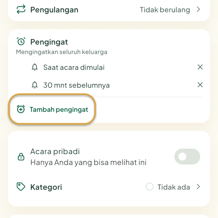 Bagian Pengingat di formulir acara dengan dua pengingat. Tombol Tambah pengingat dilingkari.