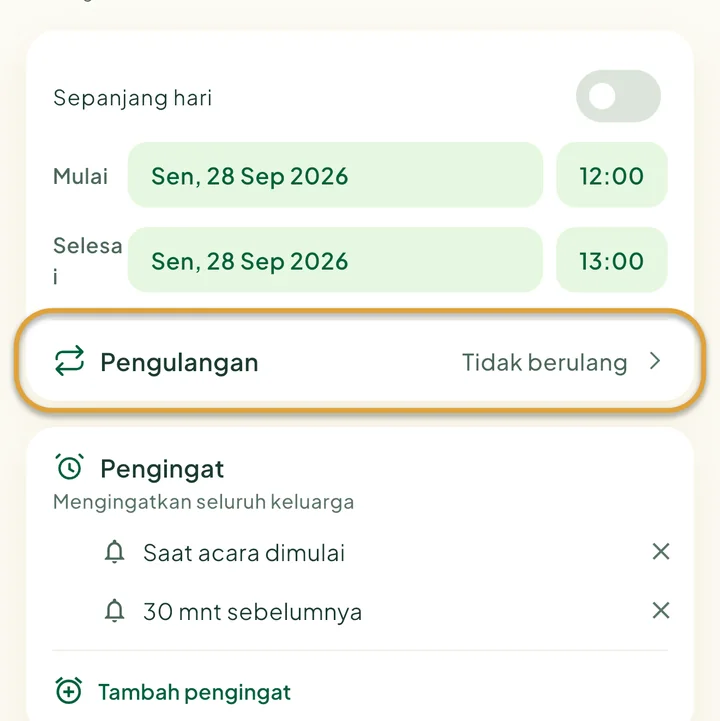 Formulir acara baru. Baris Pengulangan dilingkari.