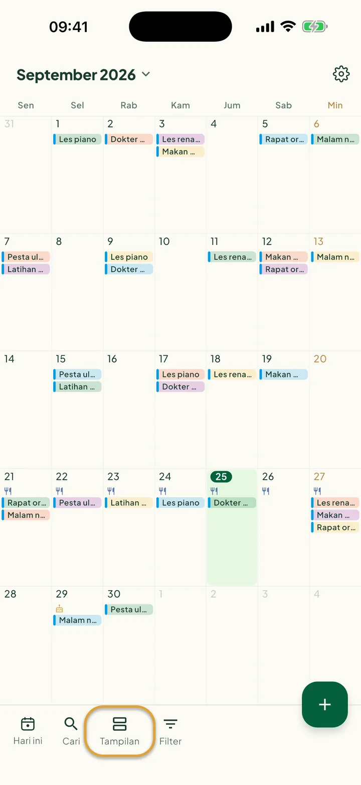 Kalender dalam tampilan Bulan. Tombol Tampilan di bilah bawah dilingkari.