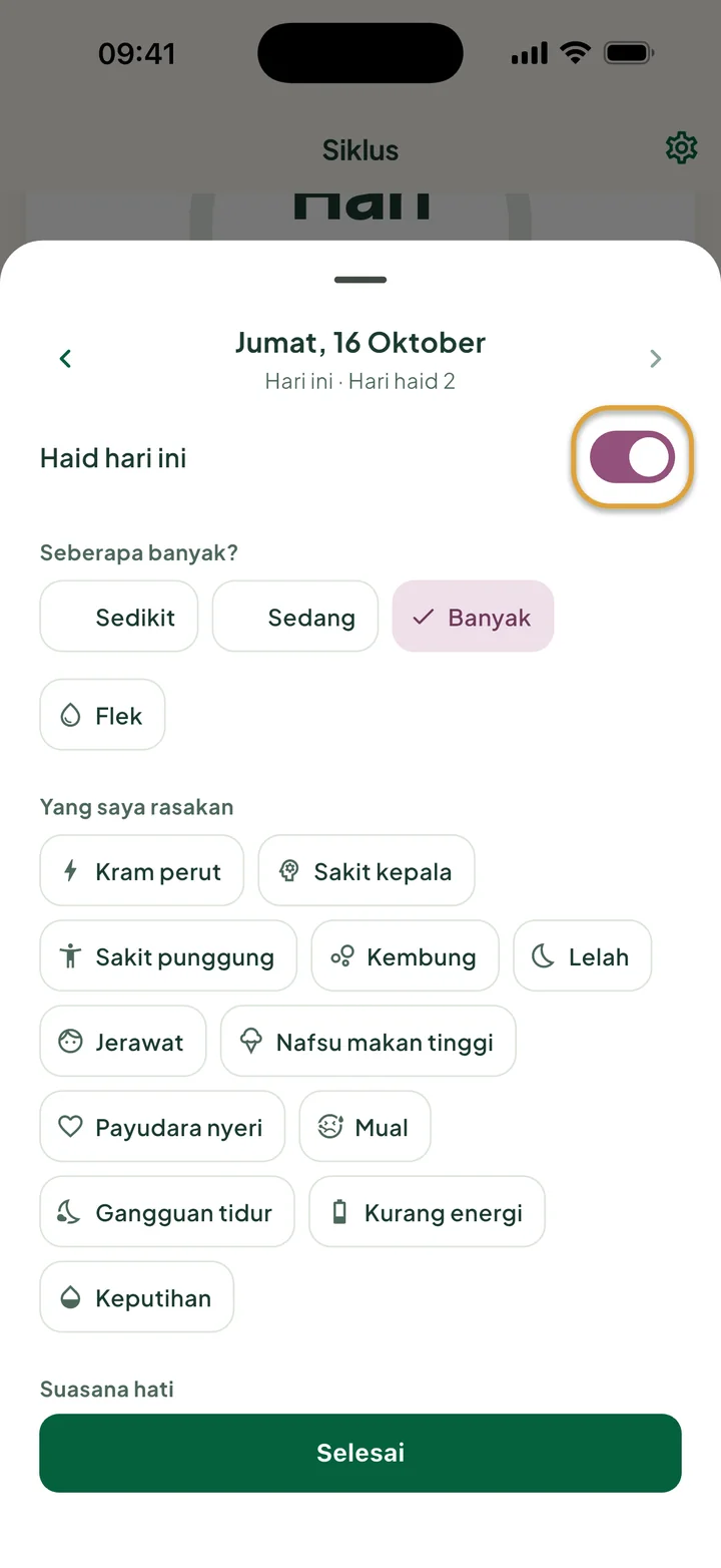 Lembar hari untuk Jumat, 16 Oktober: Haid hari ini menyala dan Banyak dipilih. Tombolnya dilingkari.