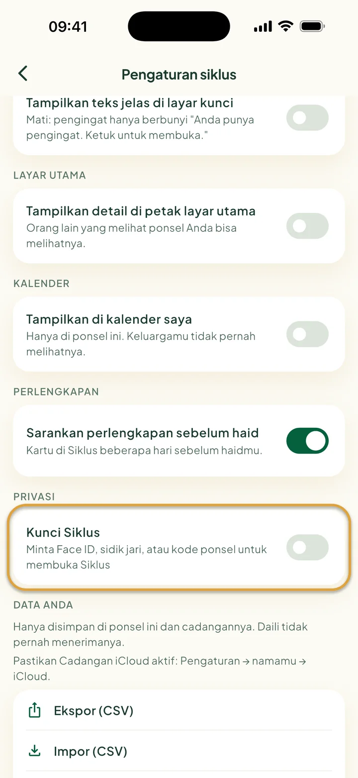 Pengaturan siklus dengan Tampilkan di kalender saya, tombol perlengkapan, serta Ekspor dan Impor. Kunci Siklus dilingkari.