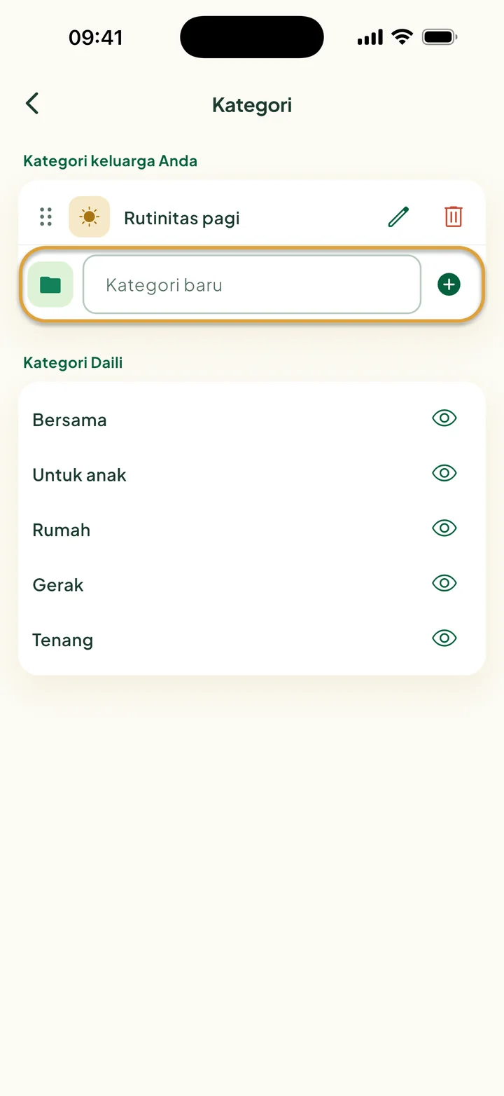 Layar Kategori dengan kategori Rutinitas pagi. Kolom Kategori baru dilingkari.