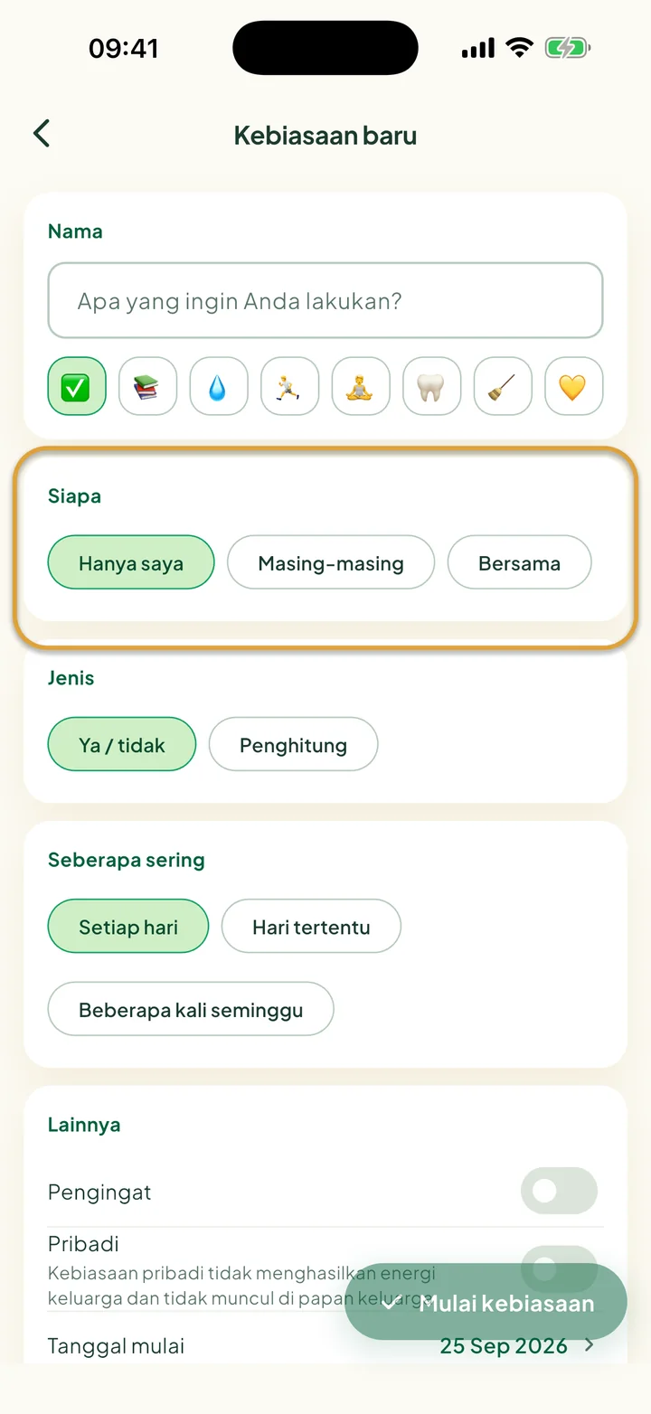 Formulir Kebiasaan baru. Pilihan Siapa: Hanya saya, Masing-masing, dan Bersama dilingkari.
