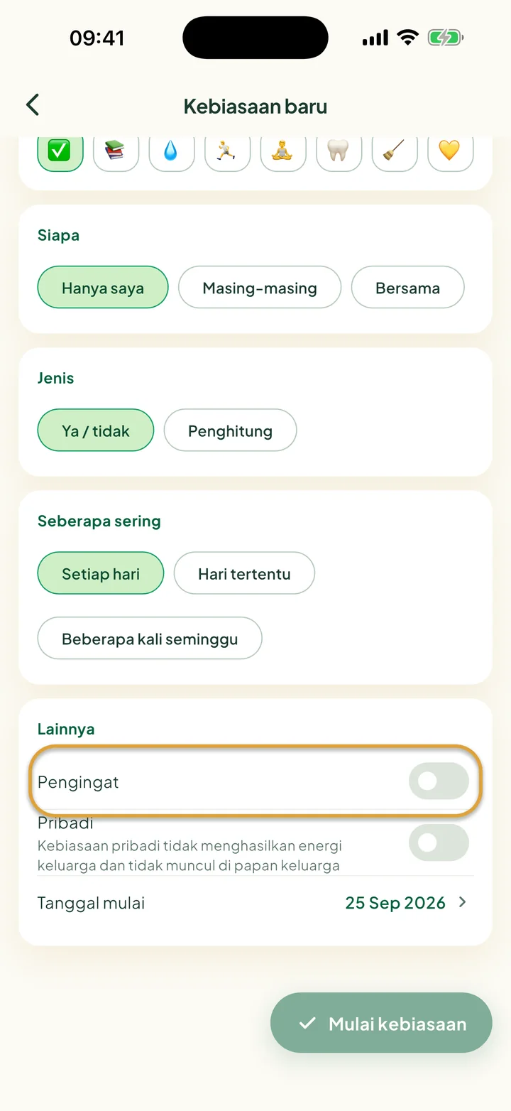 Bagian Lainnya di formulir Kebiasaan baru. Tombol Pengingat dilingkari.