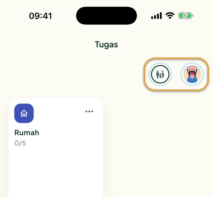 Bagian atas layar Tugas. Lingkaran keluarga dan foto Anda di kanan atas dilingkari.