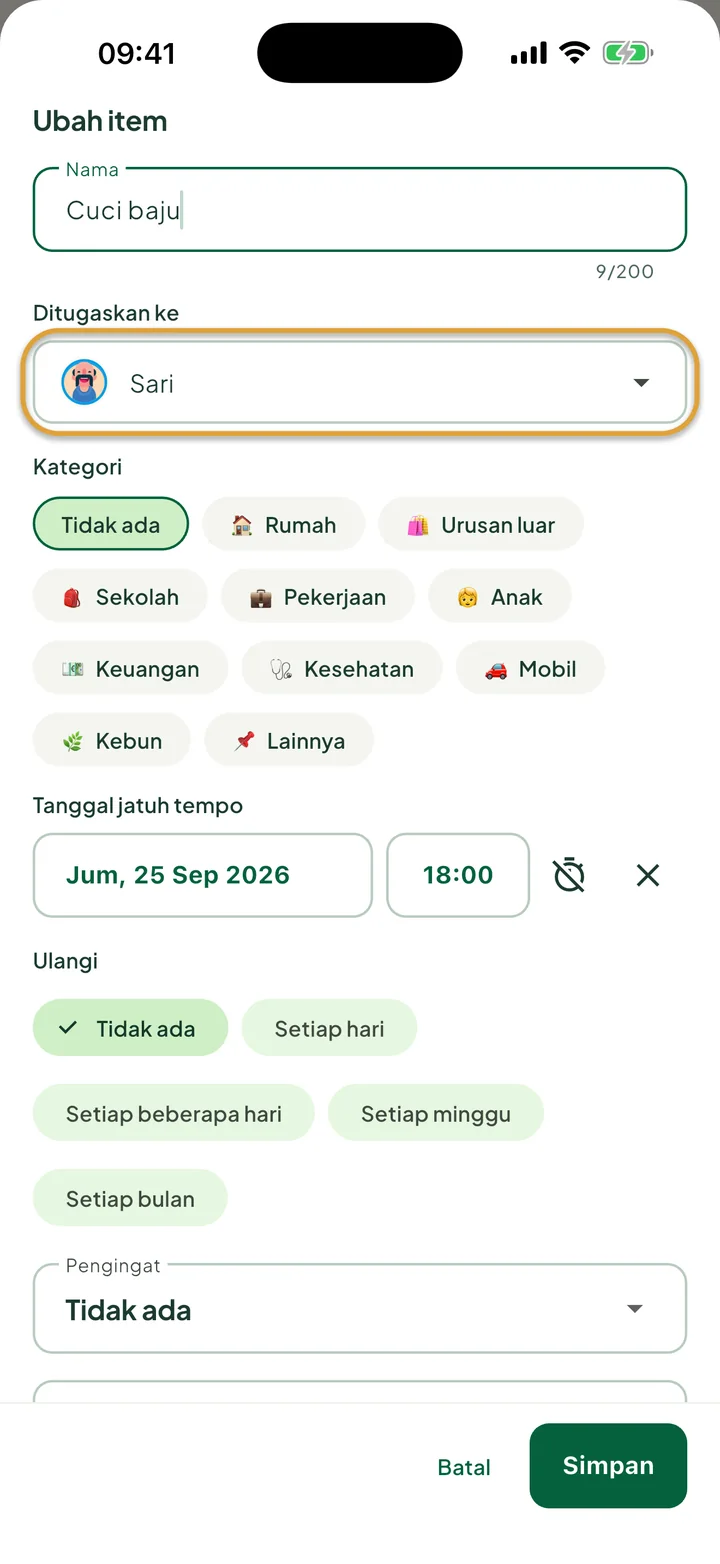 Lembar Ubah item untuk sebuah tugas. Kolom Ditugaskan ke, berisi Sari, dilingkari.