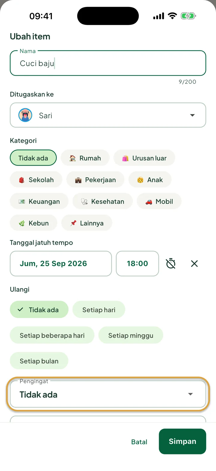 Lembar Ubah item untuk tugas dengan tanggal jatuh tempo dan waktu. Kolom Pengingat dilingkari.