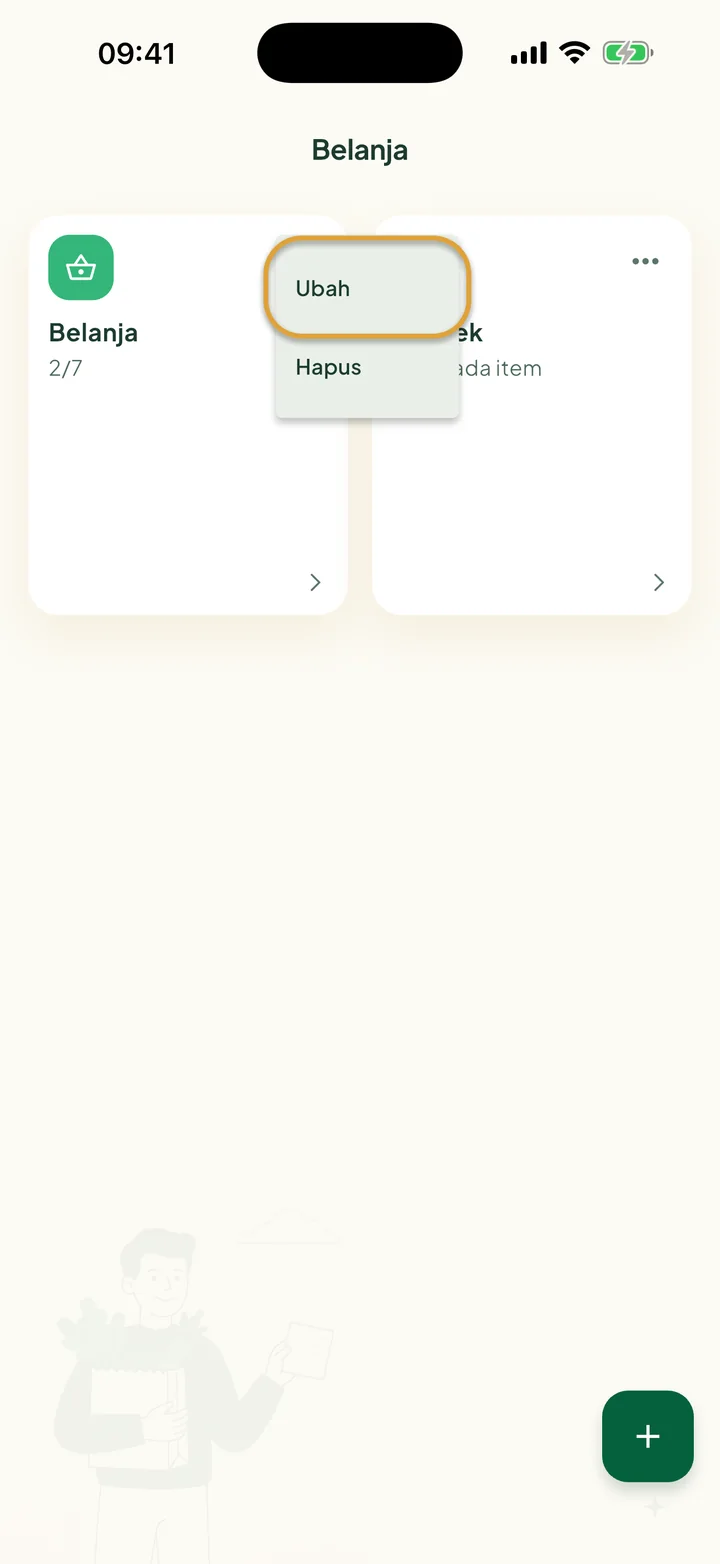 Layar Belanja dengan menu ⋯ sebuah daftar terbuka. Ubah dilingkari, dengan Hapus di bawahnya.