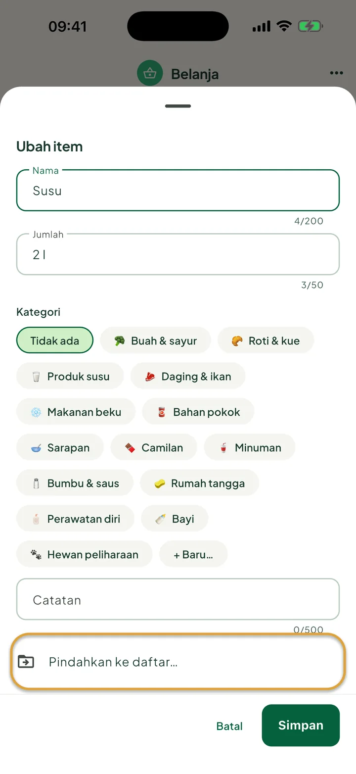 Lembar Ubah item untuk Susu. Baris Pindahkan ke daftar… dilingkari.
