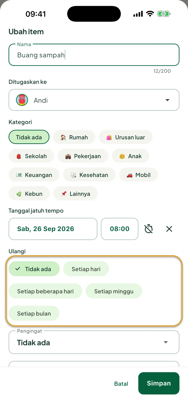 Lembar Ubah item untuk sebuah tugas. Pilihan Ulangi: Tidak ada, Setiap hari, Setiap beberapa hari, Setiap minggu, dan Setiap bulan dilingkari.