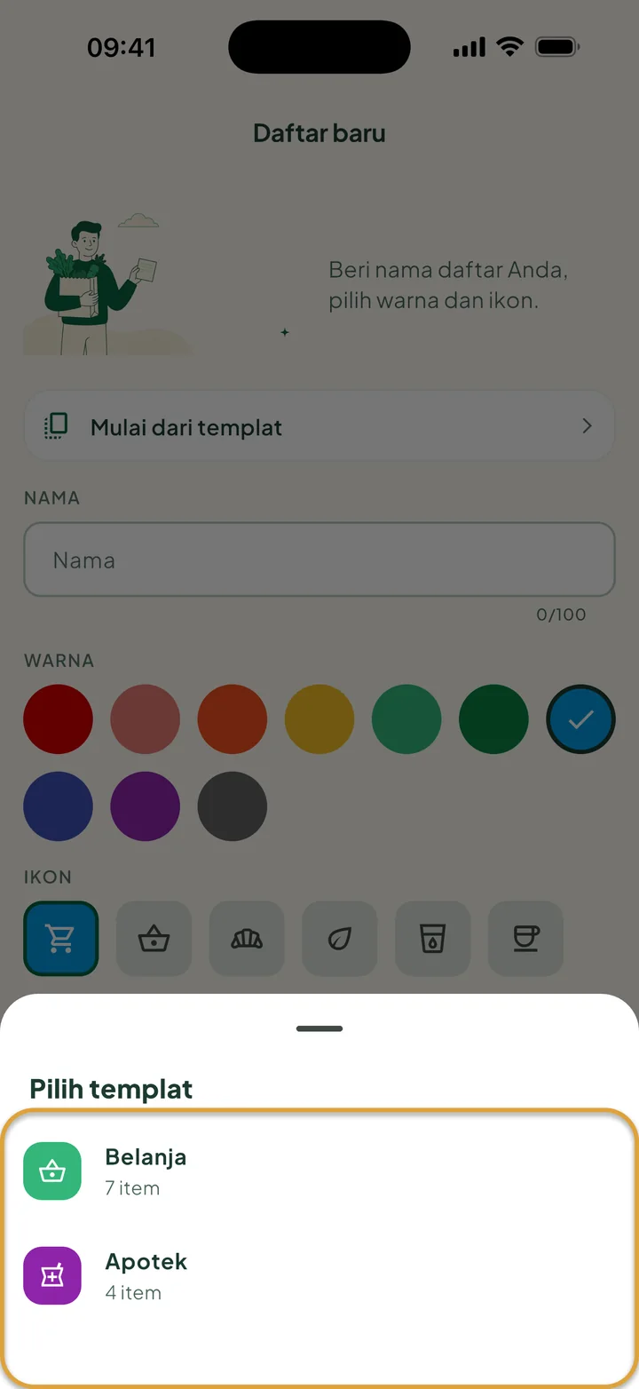 Layar Daftar baru dengan Pilih templat terbuka, berisi dua templat. Daftar templat dilingkari.