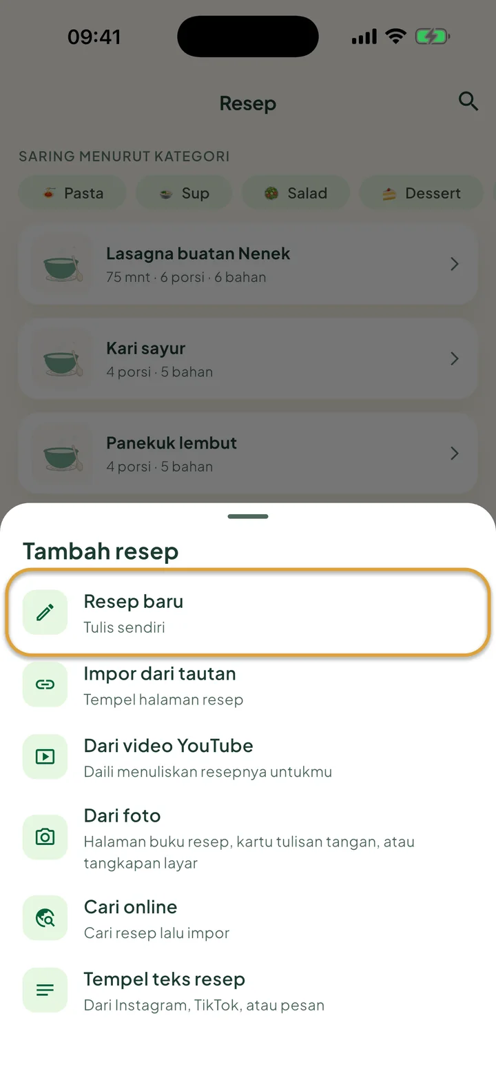 Layar Resep dengan menu + terbuka. Resep baru dilingkari.