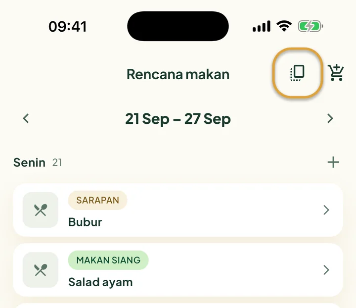 Bagian atas Rencana makan. Tombol salin di sebelah troli belanja dilingkari.