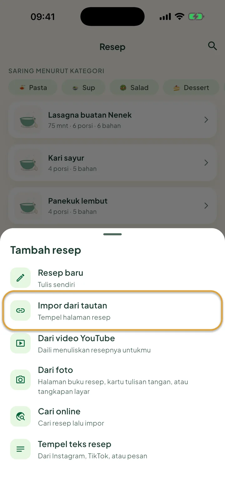 Layar Resep dengan menu + terbuka. Impor dari tautan dilingkari.