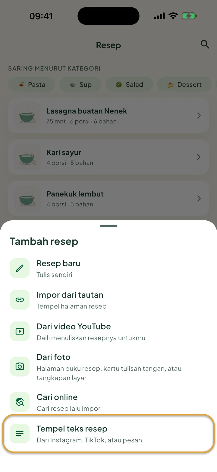 Layar Resep dengan menu + terbuka. Tempel teks resep dilingkari.