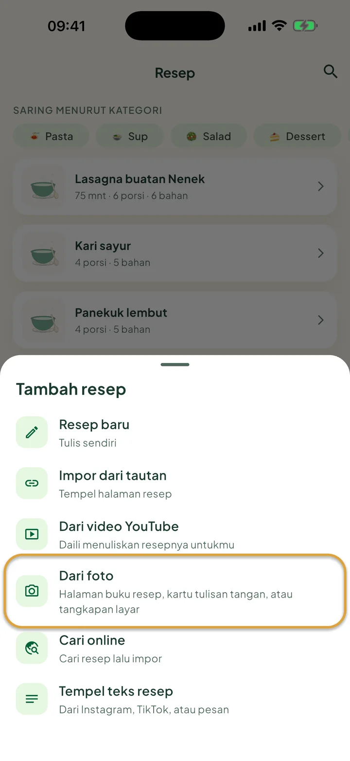 Layar Resep dengan menu + terbuka. Dari foto dilingkari.