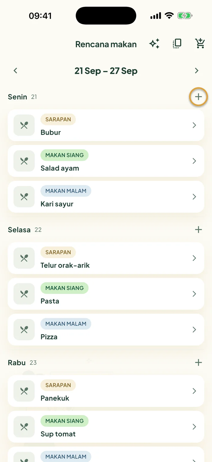 Rencana makan untuk satu minggu. Tombol + di sebelah Senin dilingkari.